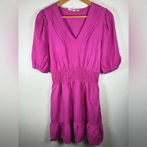 Melissa Nepton 100% Linen Dress Pink Belted Smocked Waist Puff Sleeve Petite S